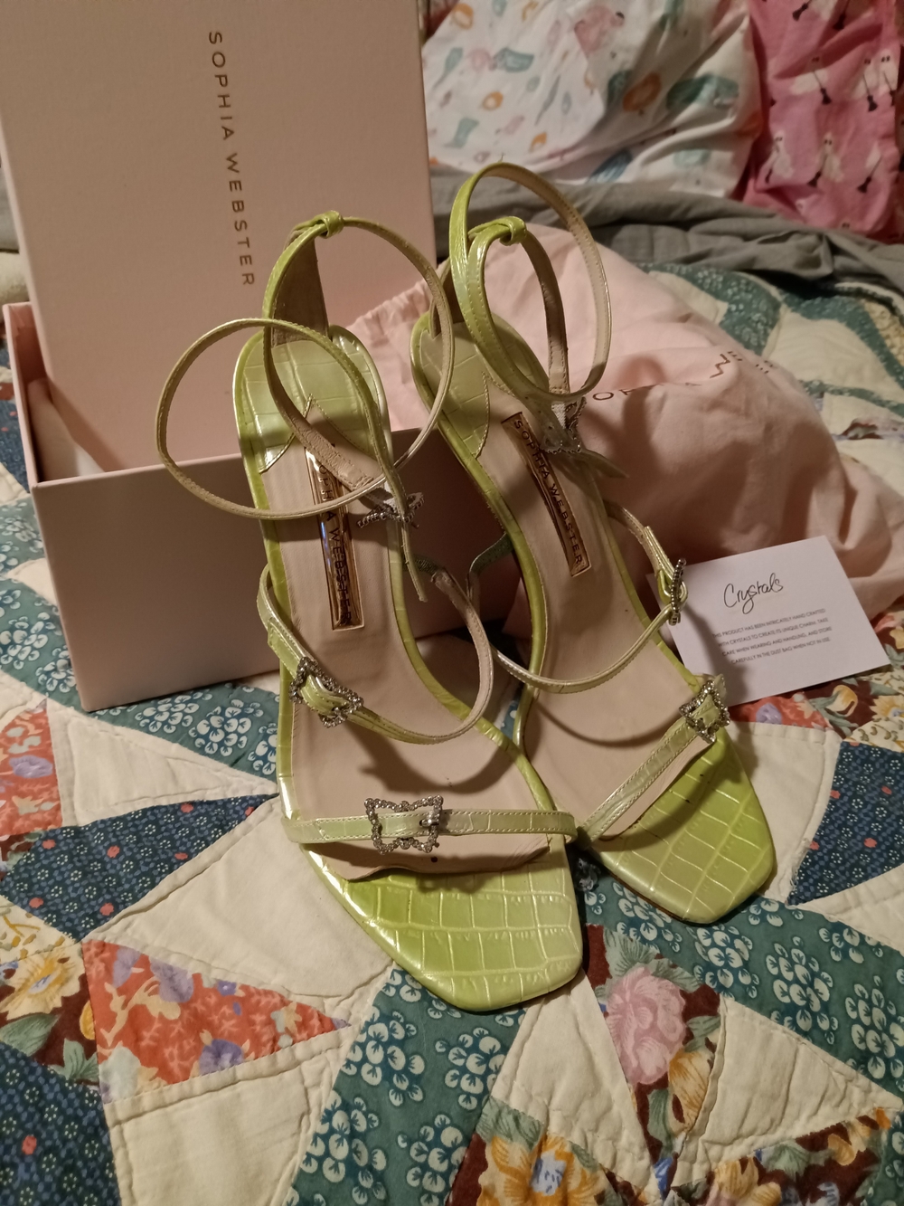 Sophia Webster Croc-Embossed Lime Green Ankle-Strap Heels with Butterfly Buckles